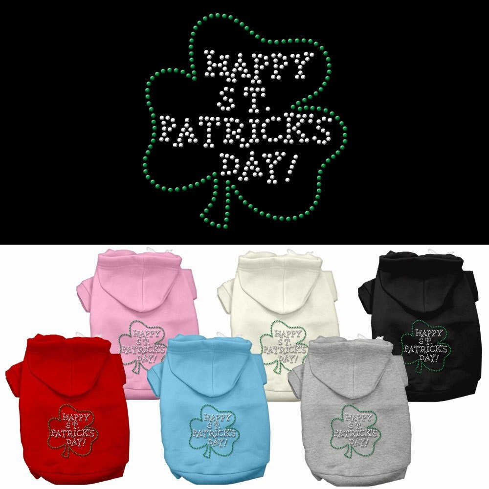 A soft and warm pet hoodie with rhinestones, featuring the text 'Happy St. Patrick's Day', perfect for dogs and cats.