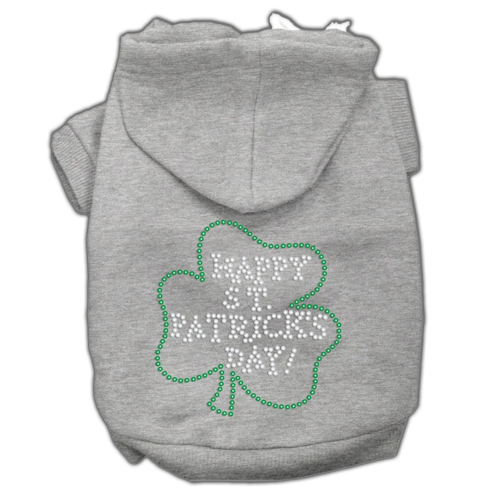 A soft and warm pet hoodie with rhinestones, featuring the text 'Happy St. Patrick's Day', perfect for dogs and cats.