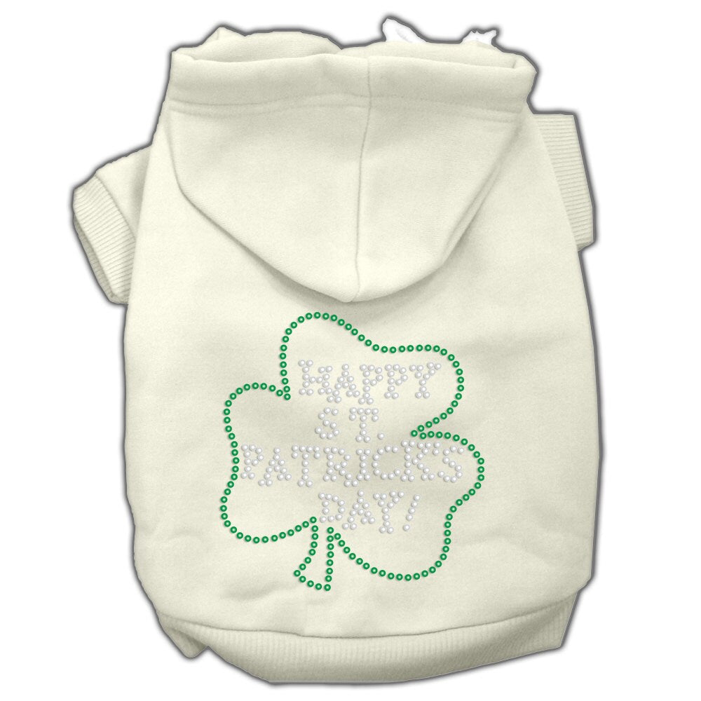A soft and warm pet hoodie with rhinestones, featuring the text 'Happy St. Patrick's Day', perfect for dogs and cats.