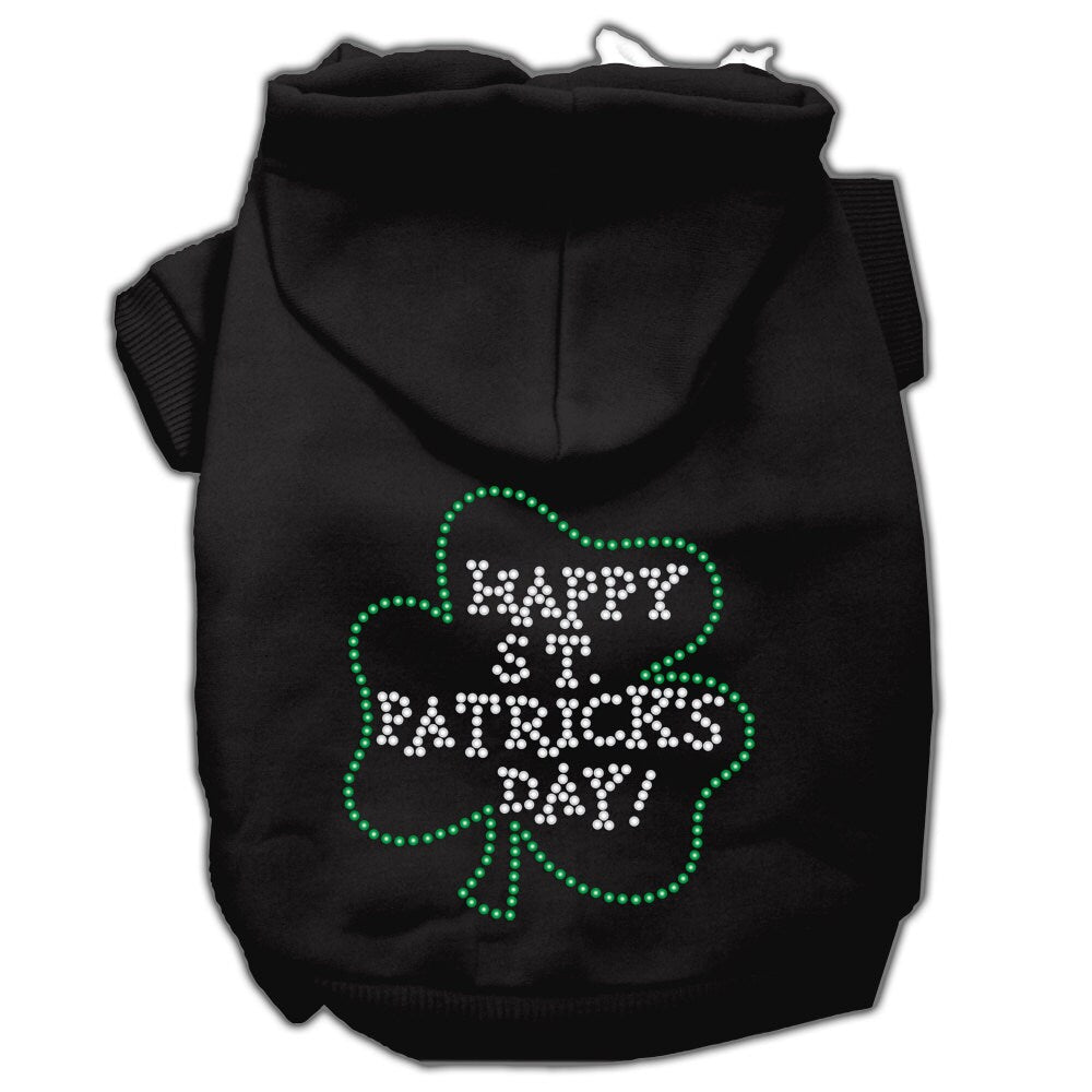 A soft and warm pet hoodie with rhinestones, featuring the text 'Happy St. Patrick's Day', perfect for dogs and cats.