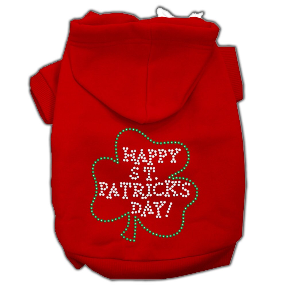 A soft and warm pet hoodie with rhinestones, featuring the text 'Happy St. Patrick's Day', perfect for dogs and cats.