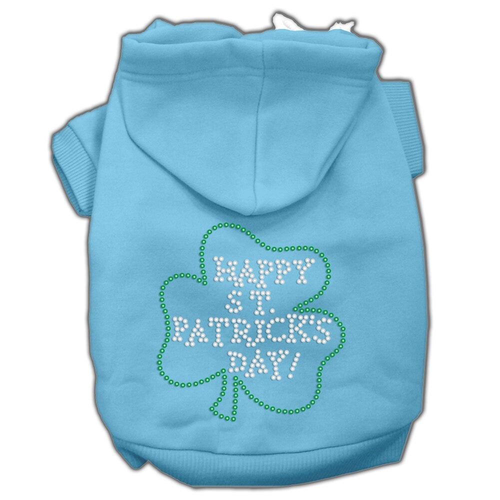 A soft and warm pet hoodie with rhinestones, featuring the text 'Happy St. Patrick's Day', perfect for dogs and cats.