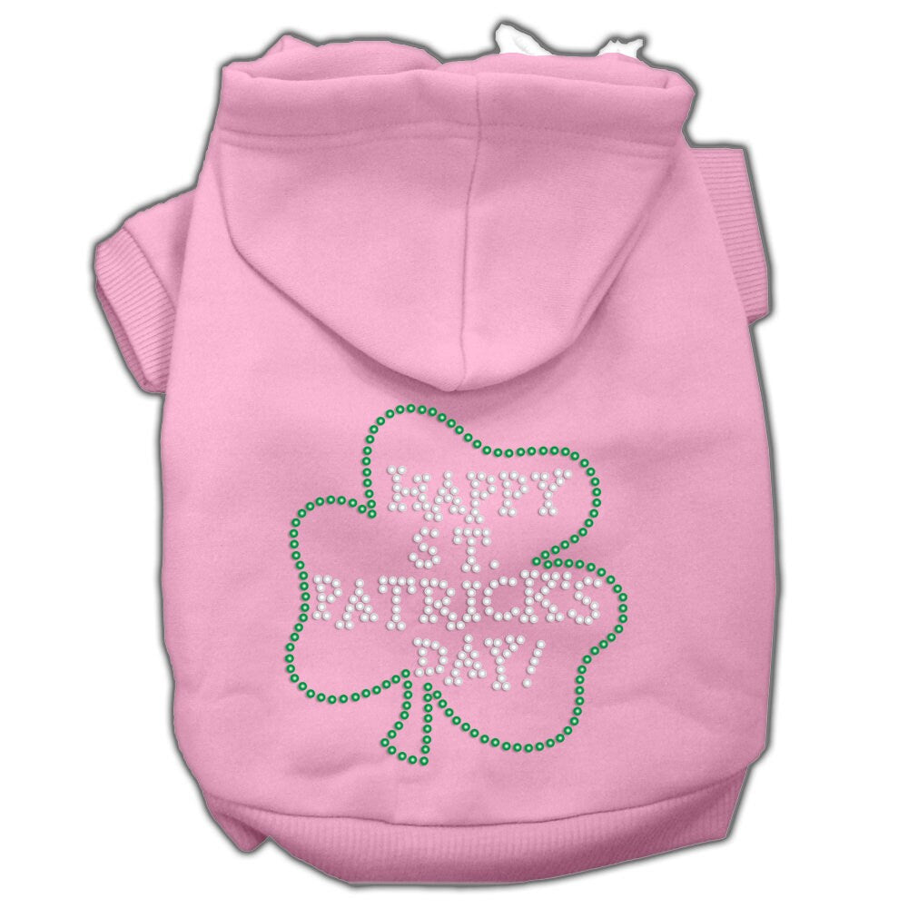 A soft and warm pet hoodie with rhinestones, featuring the text 'Happy St. Patrick's Day', perfect for dogs and cats.