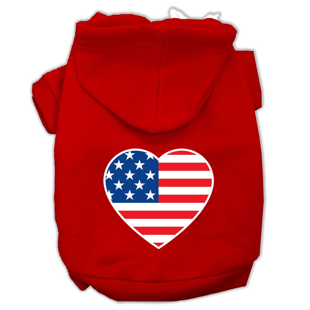 A cozy pet hoodie featuring an American flag heart design, perfect for dogs and cats.