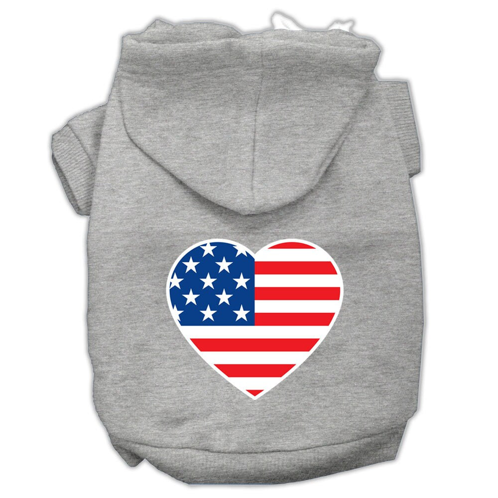 A cozy pet hoodie featuring an American flag heart design, perfect for dogs and cats.