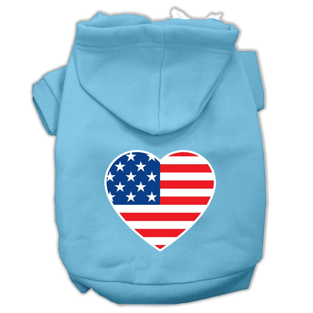 A cozy pet hoodie featuring an American flag heart design, perfect for dogs and cats.