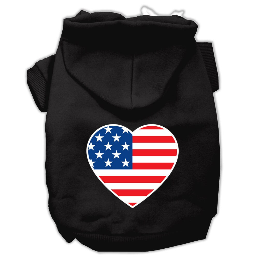 A cozy pet hoodie featuring an American flag heart design, perfect for dogs and cats.