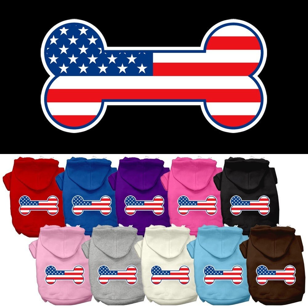 A cozy pet hoodie featuring a bone-shaped American flag design, perfect for dogs and cats.