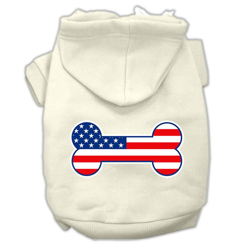 A cozy pet hoodie featuring a bone-shaped American flag design, perfect for dogs and cats.