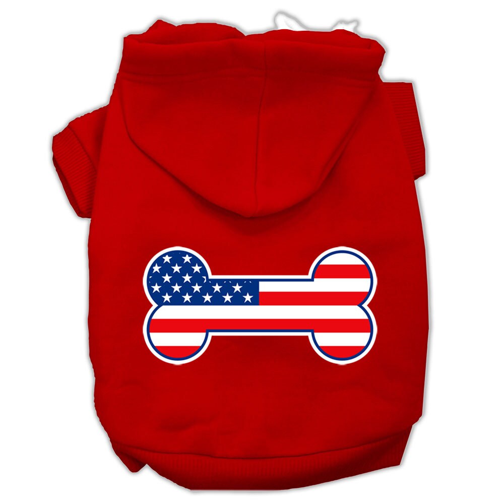 A cozy pet hoodie featuring a bone-shaped American flag design, perfect for dogs and cats.