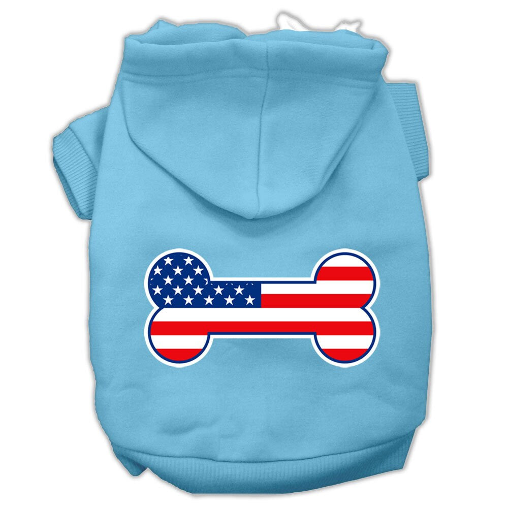A cozy pet hoodie featuring a bone-shaped American flag design, perfect for dogs and cats.