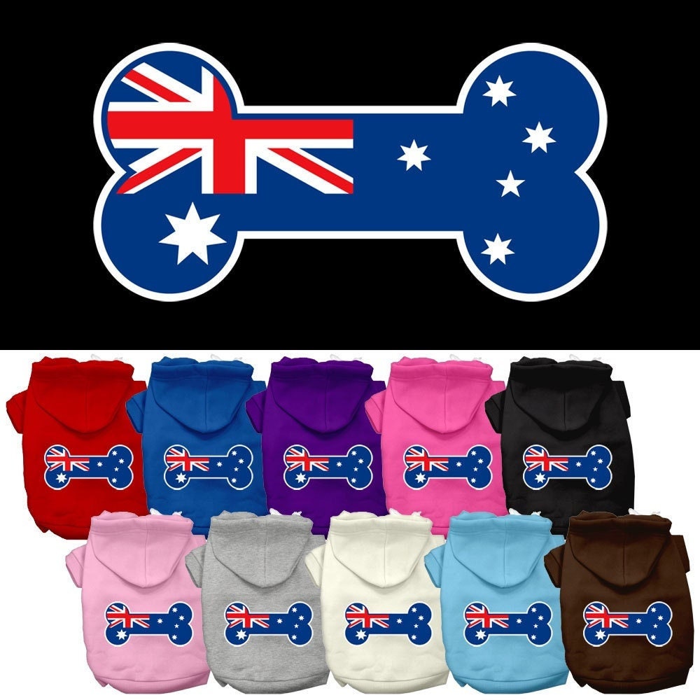 A cozy pet hoodie featuring a bone-shaped Australian flag design, perfect for dogs and cats.