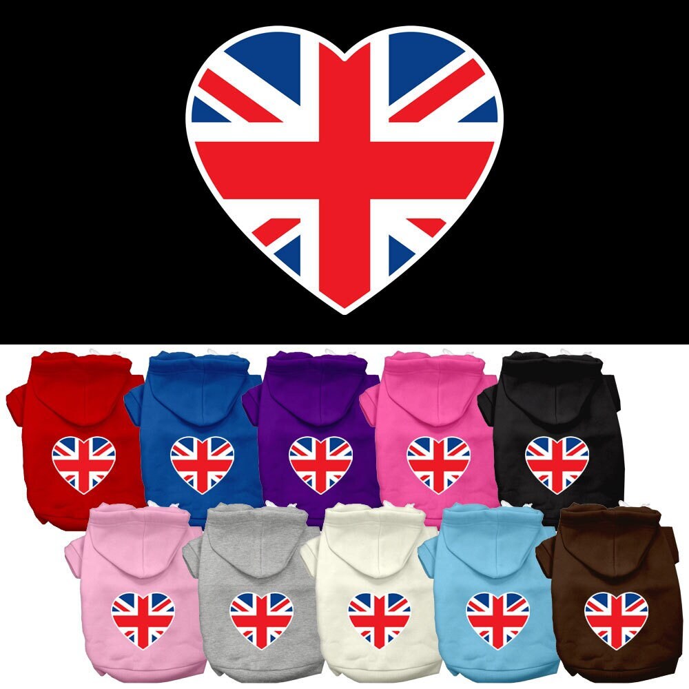 A cozy pet hoodie featuring a British flag heart design, suitable for dogs and cats, showcasing its soft fabric and durable stitching.