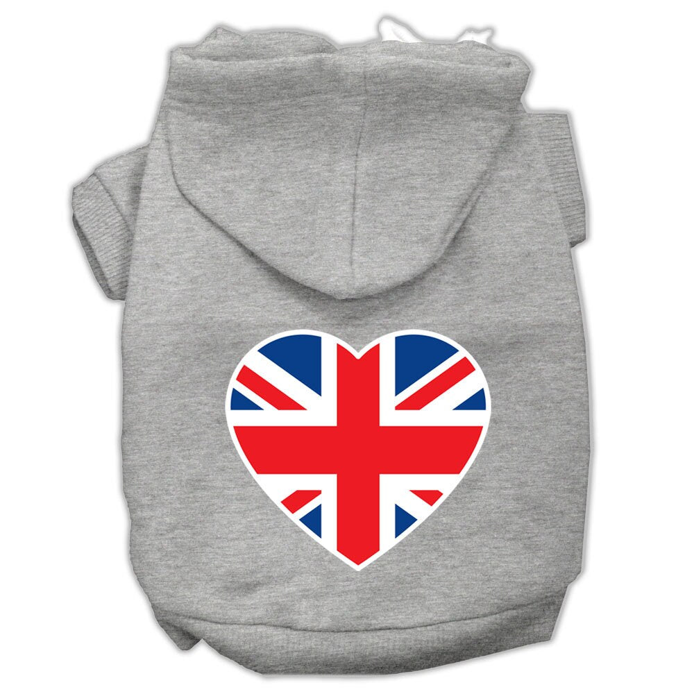 A cozy pet hoodie featuring a British flag heart design, suitable for dogs and cats, showcasing its soft fabric and durable stitching.