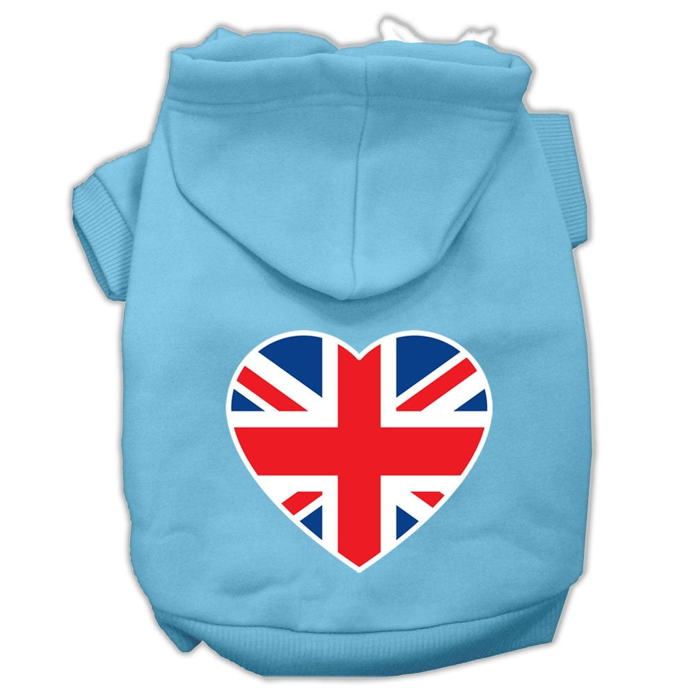 A cozy pet hoodie featuring a British flag heart design, suitable for dogs and cats, showcasing its soft fabric and durable stitching.