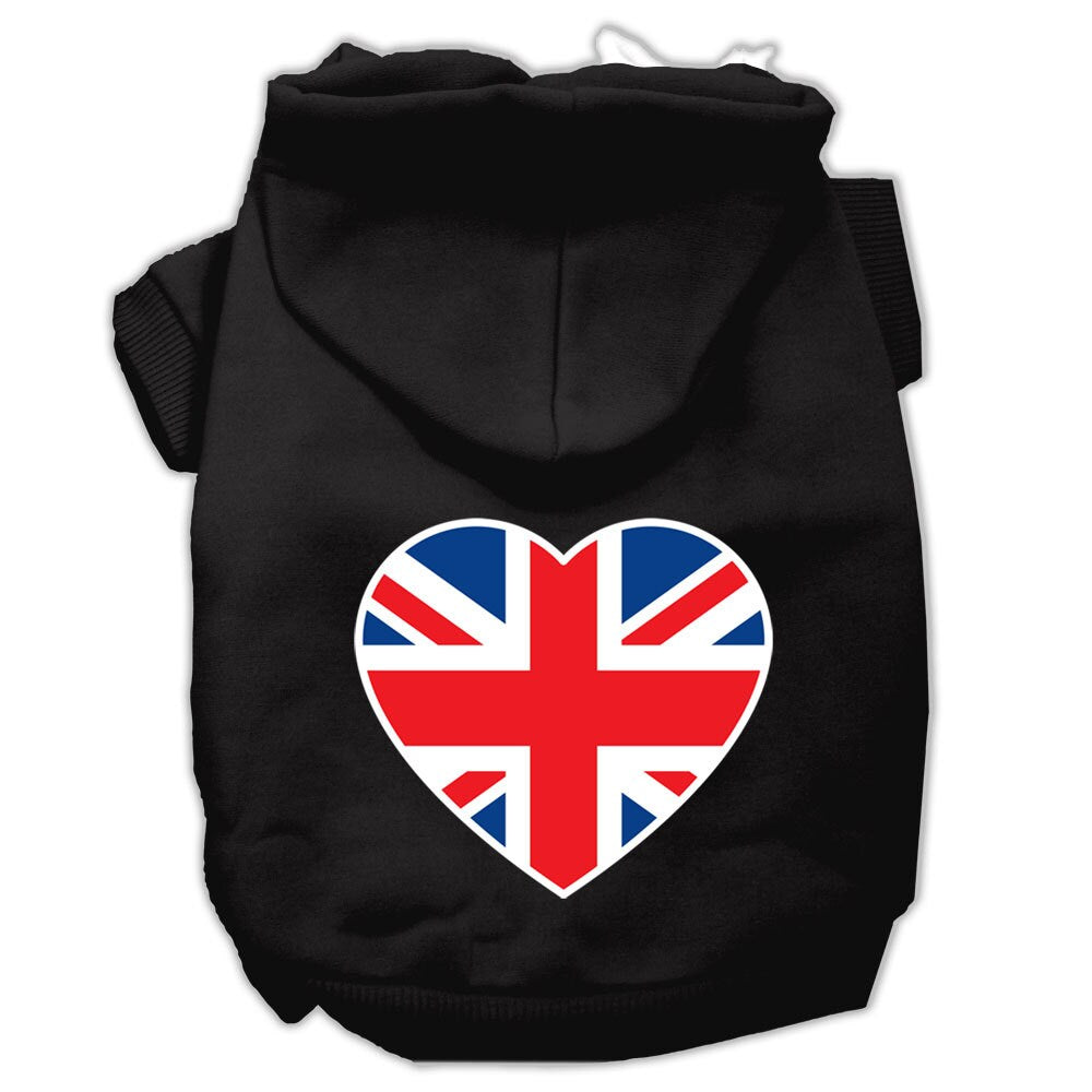 A cozy pet hoodie featuring a British flag heart design, suitable for dogs and cats, showcasing its soft fabric and durable stitching.