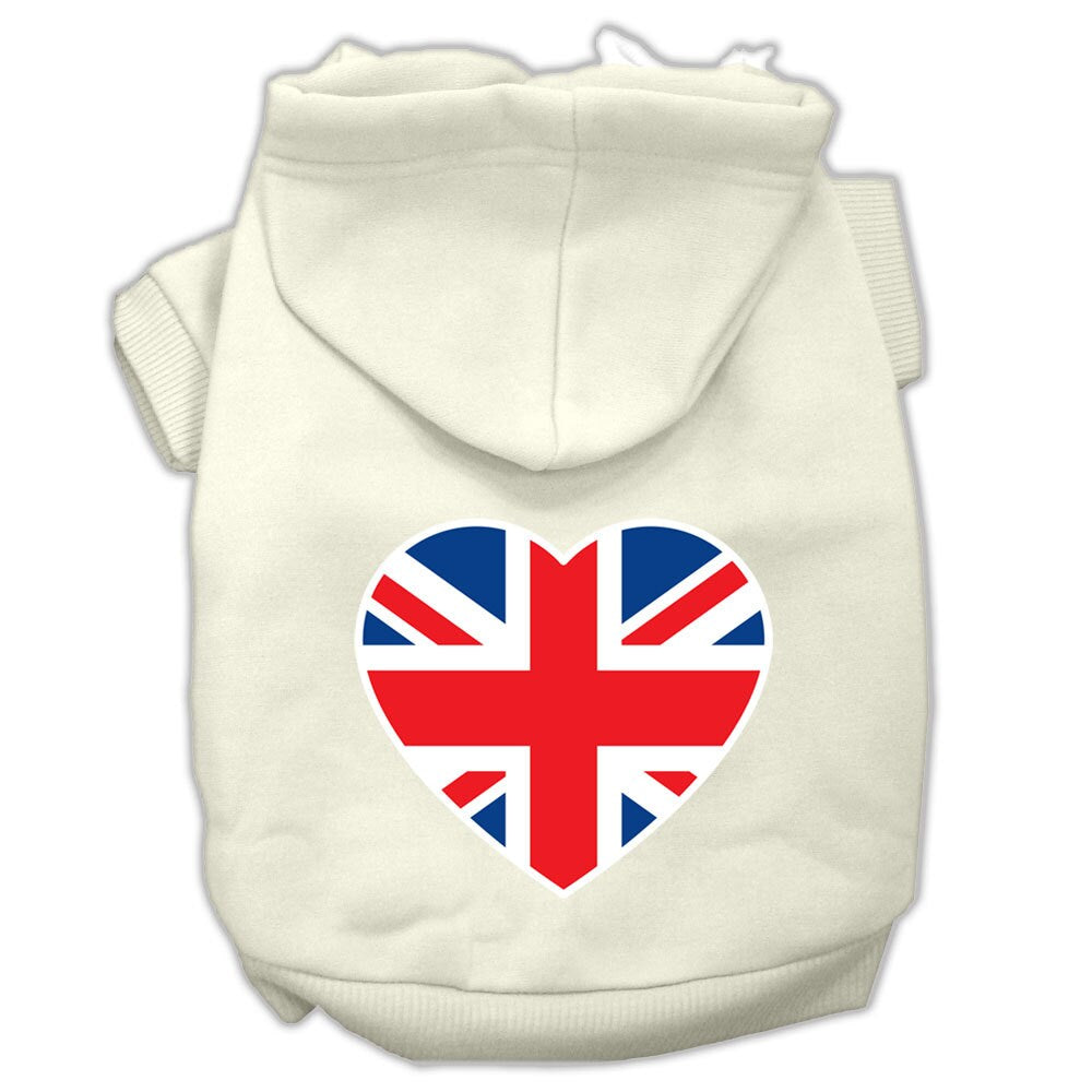 A cozy pet hoodie featuring a British flag heart design, suitable for dogs and cats, showcasing its soft fabric and durable stitching.