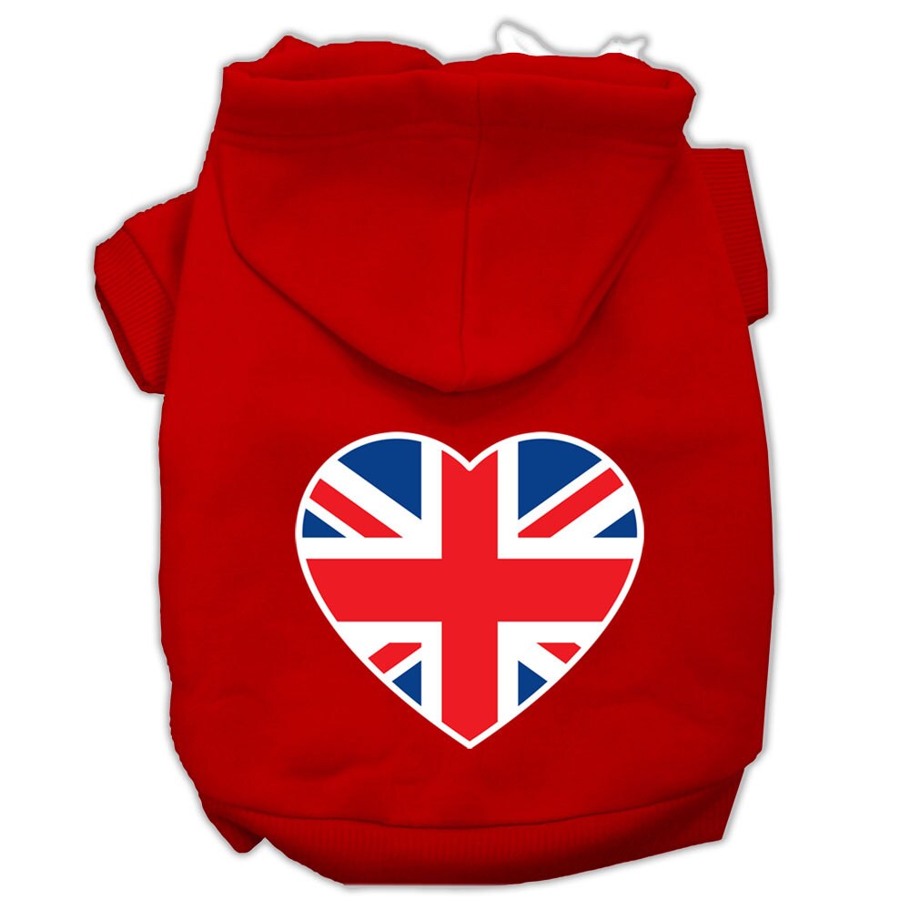 A cozy pet hoodie featuring a British flag heart design, suitable for dogs and cats, showcasing its soft fabric and durable stitching.