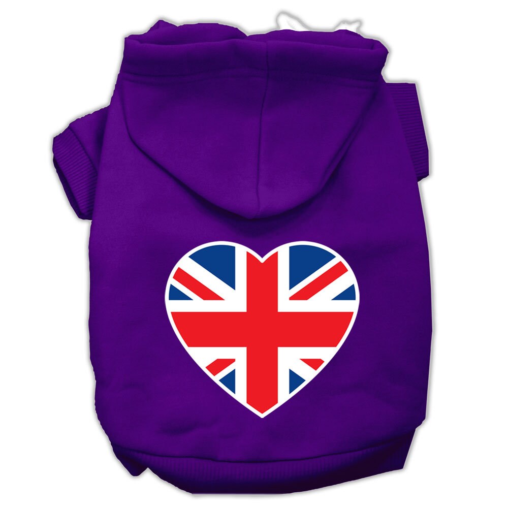 A cozy pet hoodie featuring a British flag heart design, suitable for dogs and cats, showcasing its soft fabric and durable stitching.