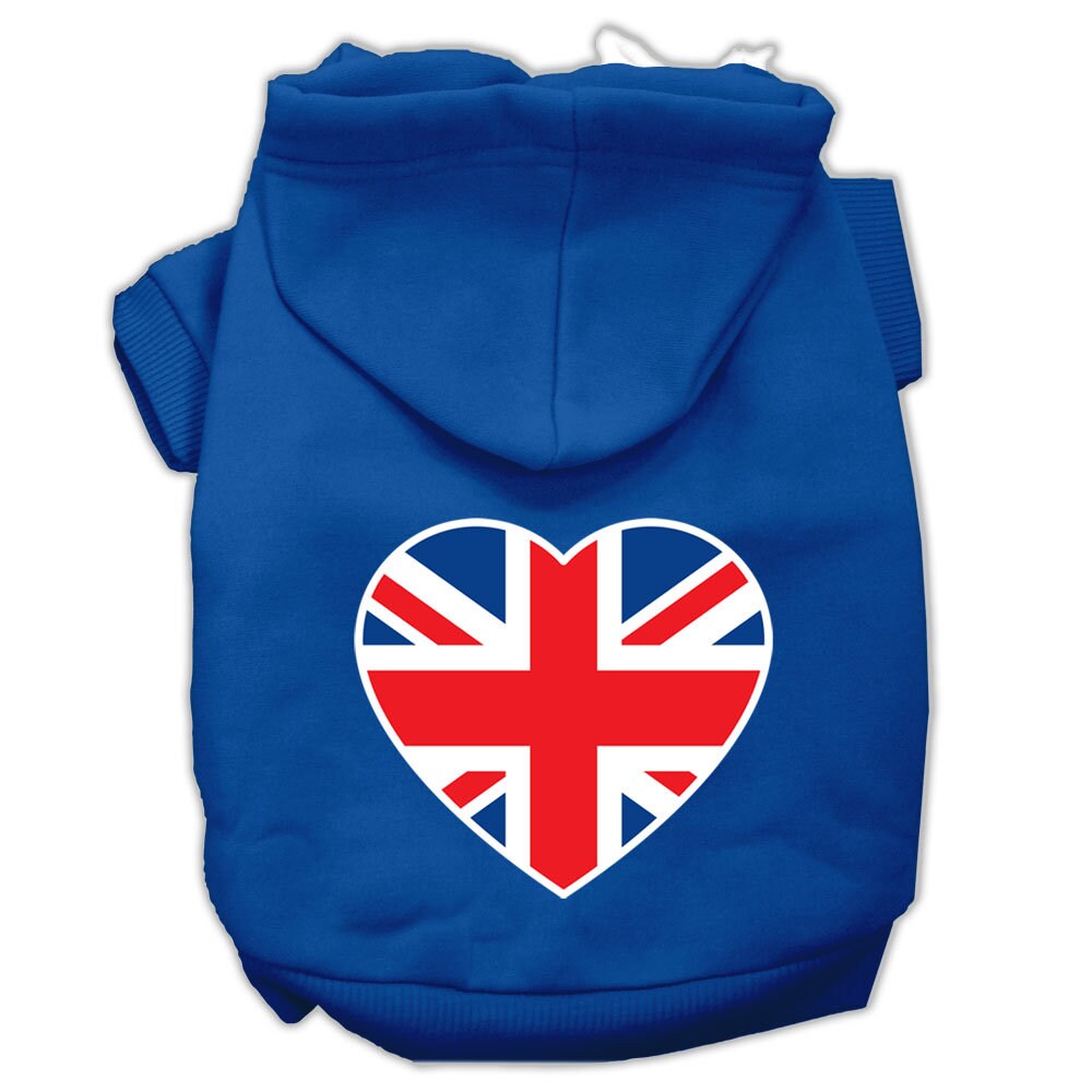 A cozy pet hoodie featuring a British flag heart design, suitable for dogs and cats, showcasing its soft fabric and durable stitching.