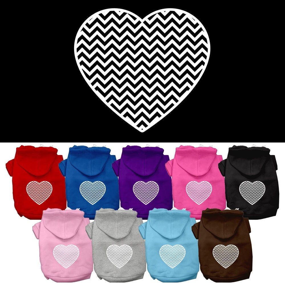 A cozy pet hoodie for dogs and cats featuring a Chevron Heart design, made from soft cotton and polyester blend.
