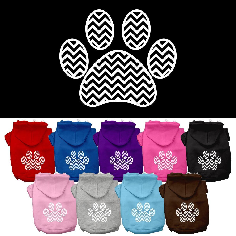 A cozy pet hoodie featuring a chevron paw print design, suitable for dogs and cats, showcasing its soft fabric and durable stitching.