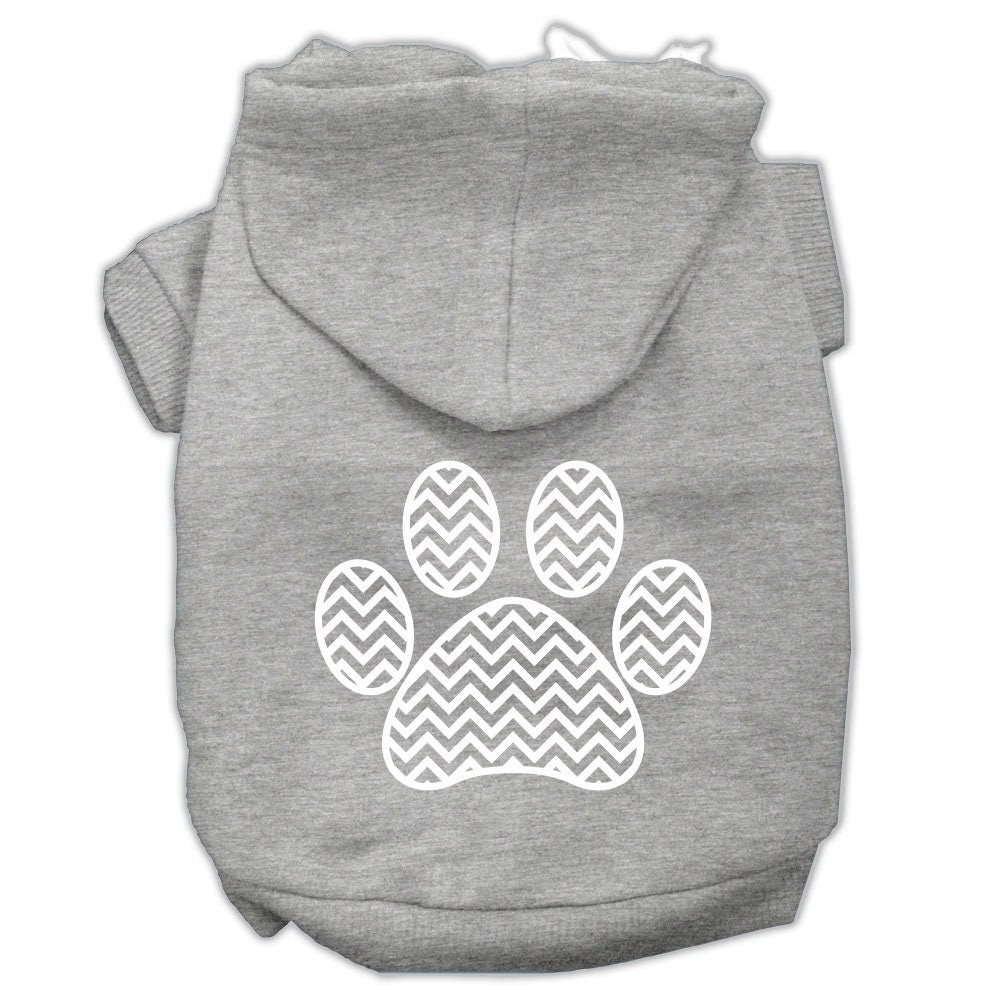 A cozy pet hoodie featuring a chevron paw print design, suitable for dogs and cats, showcasing its soft fabric and durable stitching.