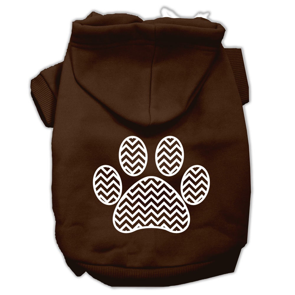 A cozy pet hoodie featuring a chevron paw print design, suitable for dogs and cats, showcasing its soft fabric and durable stitching.