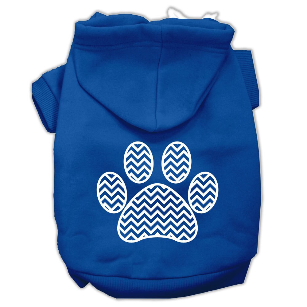 A cozy pet hoodie featuring a chevron paw print design, suitable for dogs and cats, showcasing its soft fabric and durable stitching.