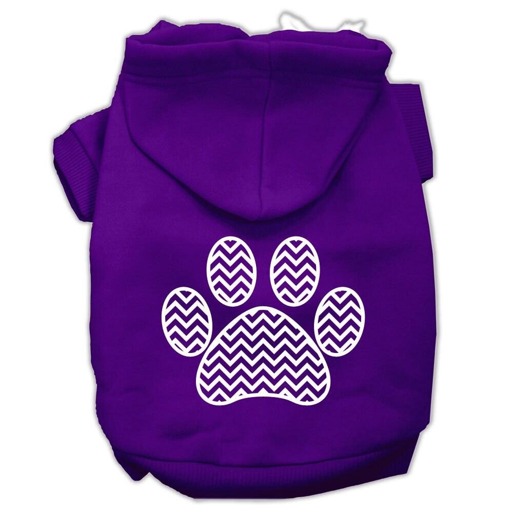 A cozy pet hoodie featuring a chevron paw print design, suitable for dogs and cats, showcasing its soft fabric and durable stitching.