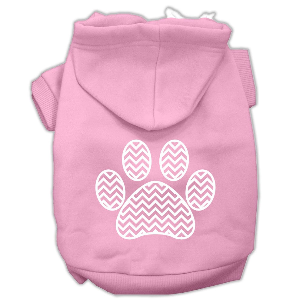 A cozy pet hoodie featuring a chevron paw print design, suitable for dogs and cats, showcasing its soft fabric and durable stitching.