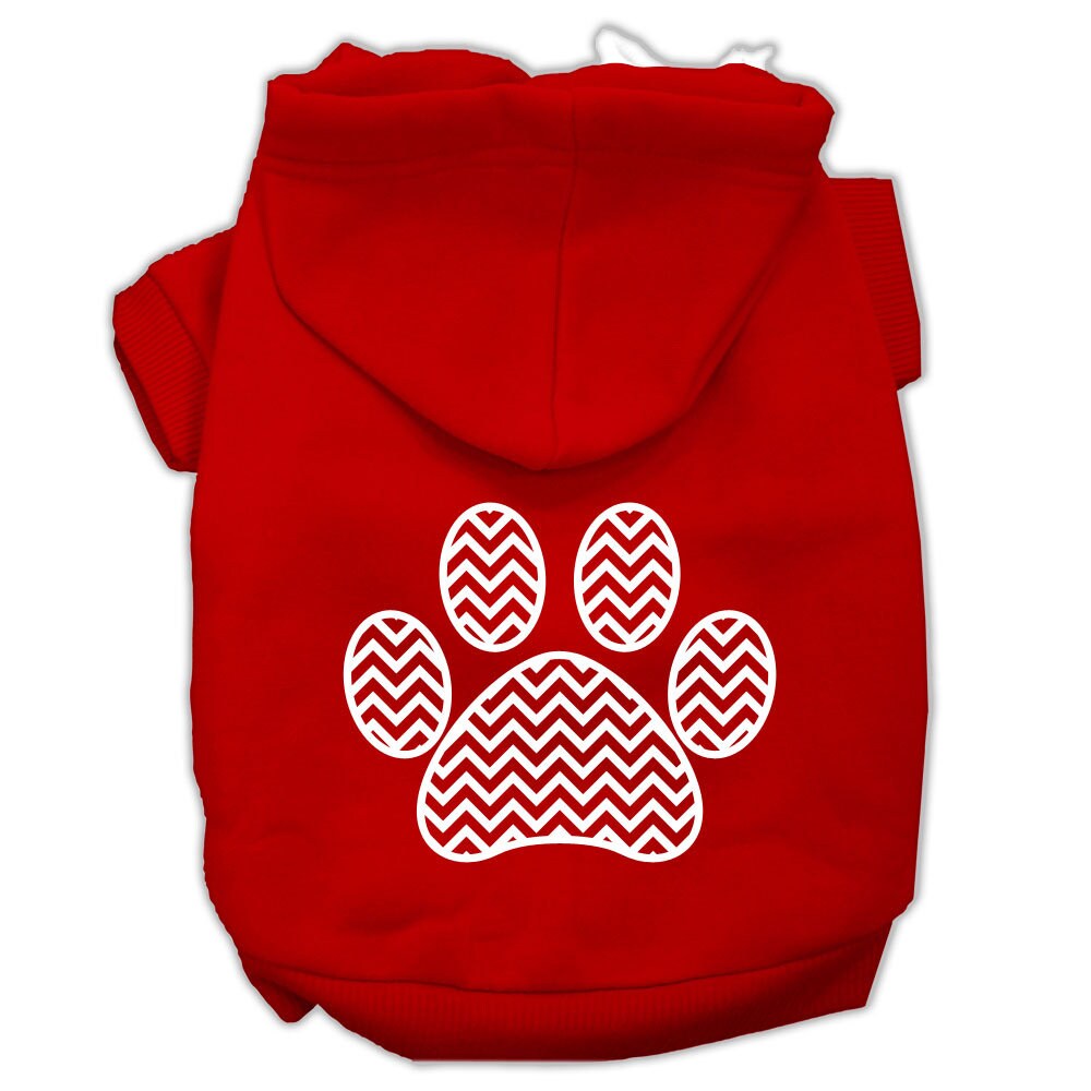 A cozy pet hoodie featuring a chevron paw print design, suitable for dogs and cats, showcasing its soft fabric and durable stitching.
