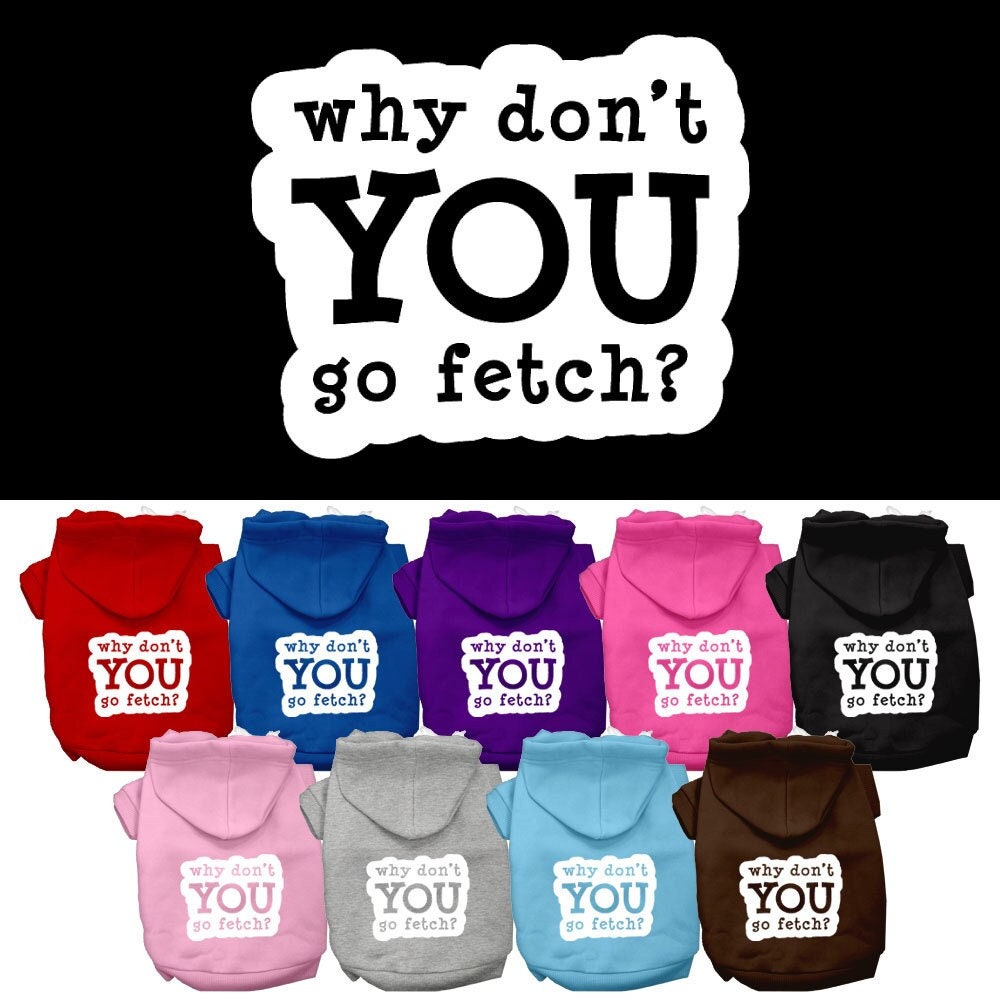A cozy pet hoodie for dogs and cats, featuring the screen-printed word 'Fetch' in a stylish design, perfect for chilly weather.