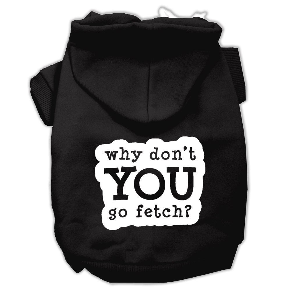 A cozy pet hoodie for dogs and cats, featuring the screen-printed word 'Fetch' in a stylish design, perfect for chilly weather.