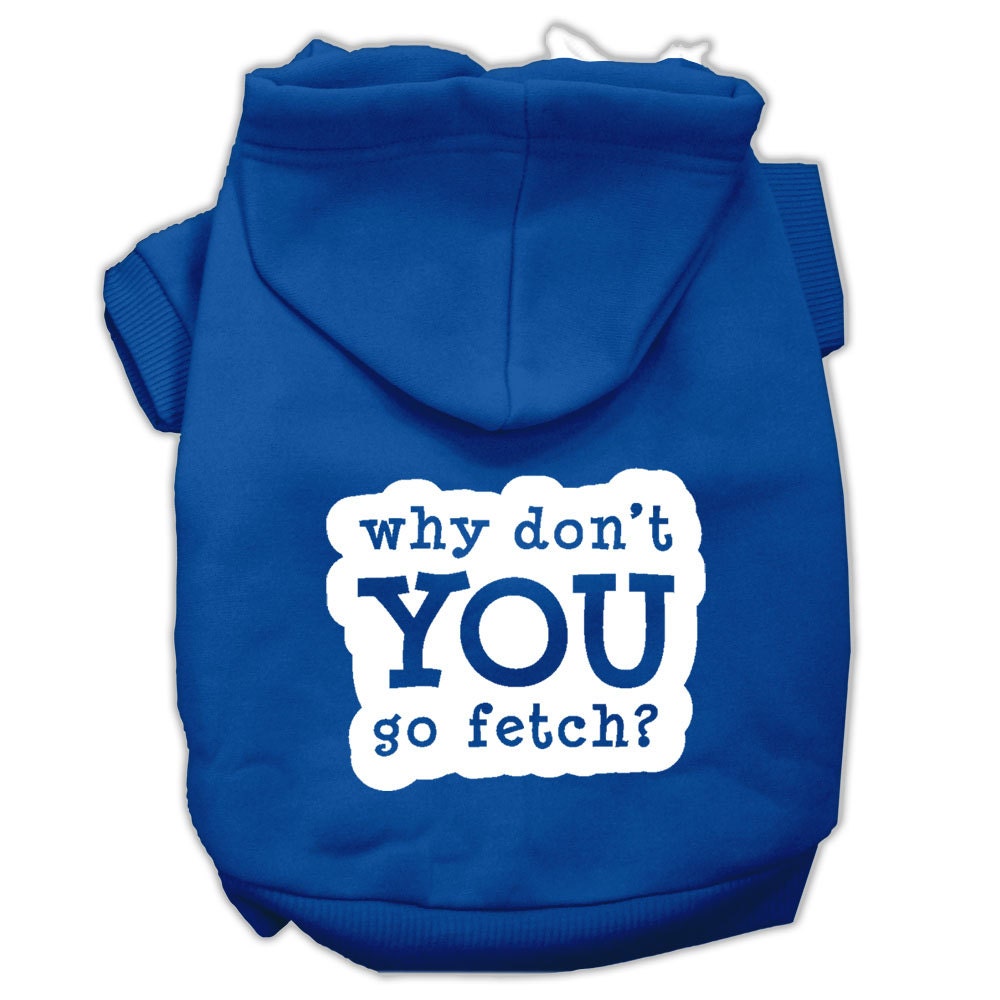 A cozy pet hoodie for dogs and cats, featuring the screen-printed word 'Fetch' in a stylish design, perfect for chilly weather.