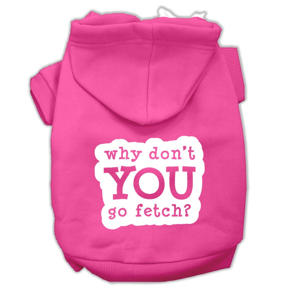 A cozy pet hoodie for dogs and cats, featuring the screen-printed word 'Fetch' in a stylish design, perfect for chilly weather.