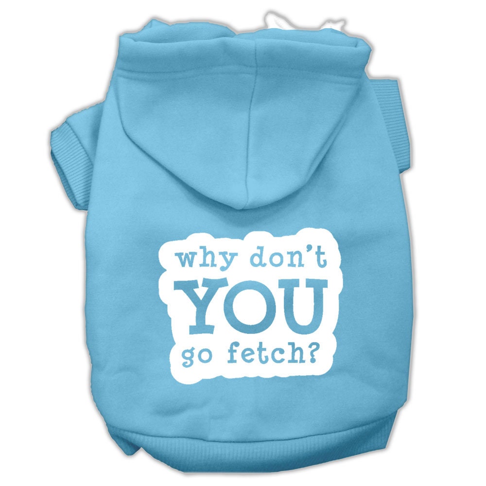 A cozy pet hoodie for dogs and cats, featuring the screen-printed word 'Fetch' in a stylish design, perfect for chilly weather.
