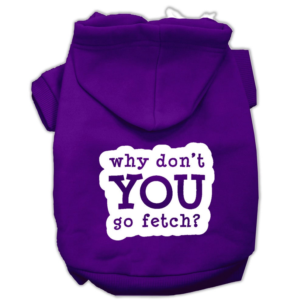 A cozy pet hoodie for dogs and cats, featuring the screen-printed word 'Fetch' in a stylish design, perfect for chilly weather.