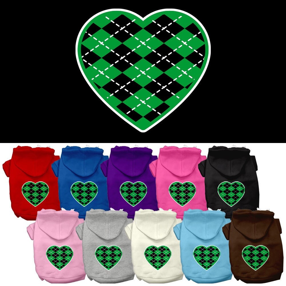 A cozy pet hoodie featuring a green argyle heart pattern, designed for dogs and cats, showcasing its soft fabric and durable stitching.