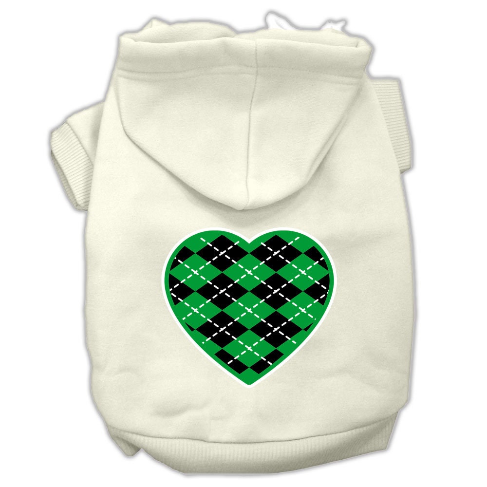 A cozy pet hoodie featuring a green argyle heart pattern, designed for dogs and cats, showcasing its soft fabric and durable stitching.