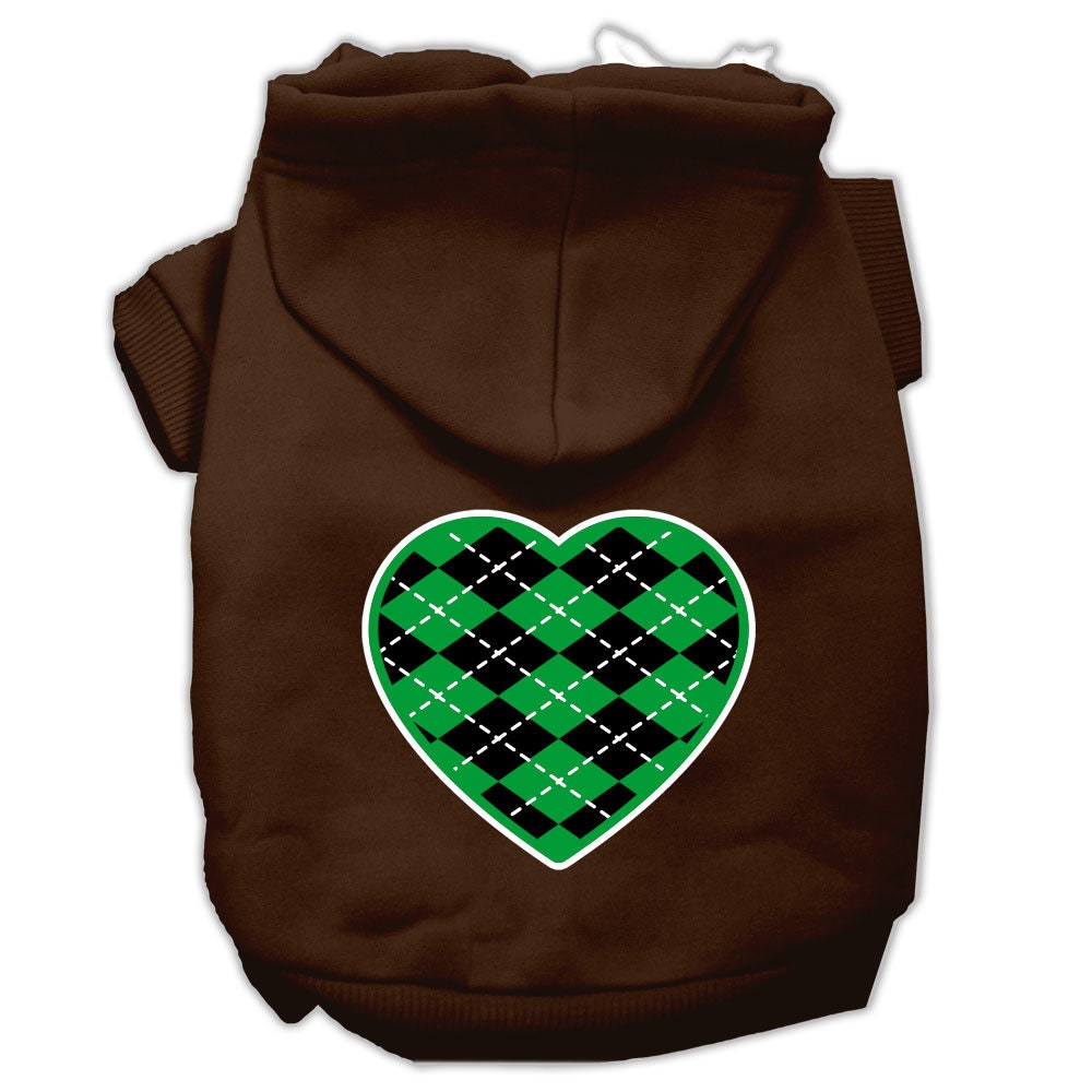 A cozy pet hoodie featuring a green argyle heart pattern, designed for dogs and cats, showcasing its soft fabric and durable stitching.