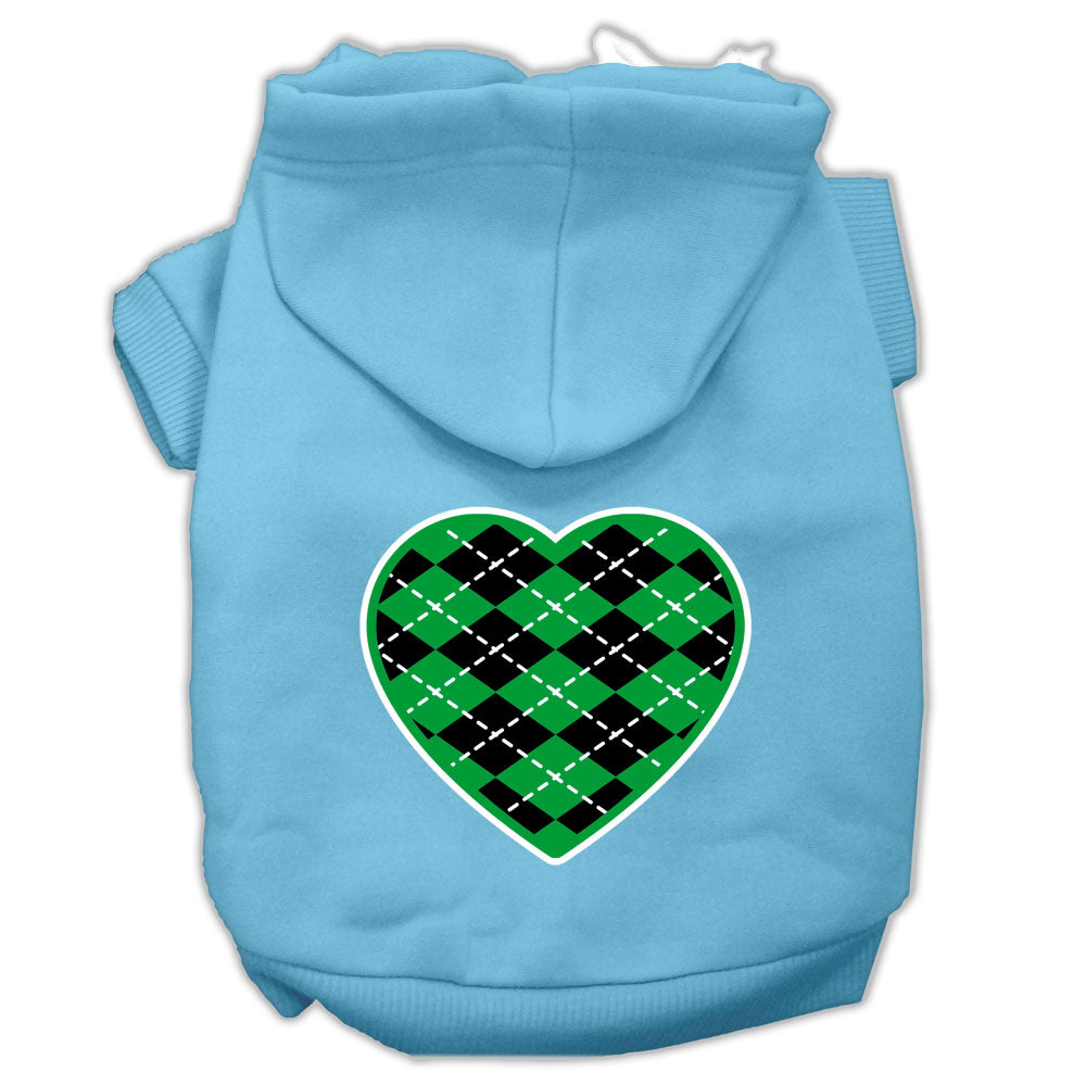A cozy pet hoodie featuring a green argyle heart pattern, designed for dogs and cats, showcasing its soft fabric and durable stitching.
