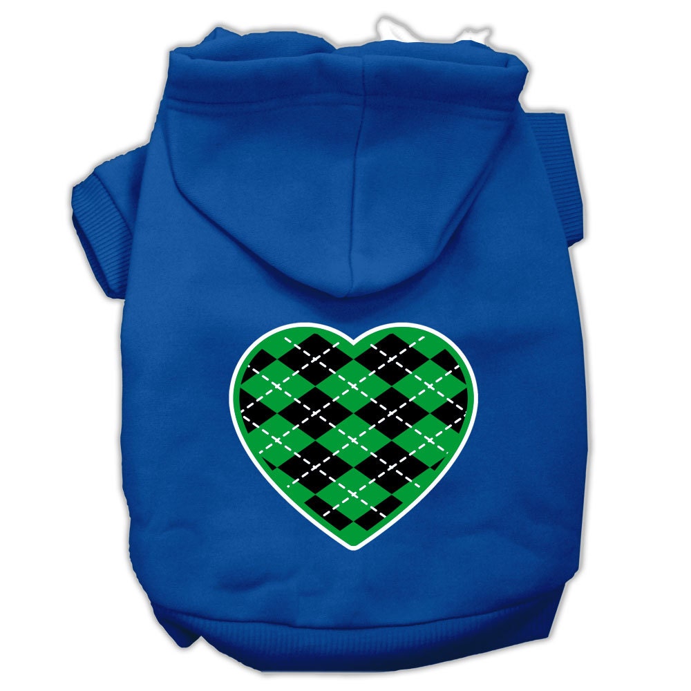 A cozy pet hoodie featuring a green argyle heart pattern, designed for dogs and cats, showcasing its soft fabric and durable stitching.