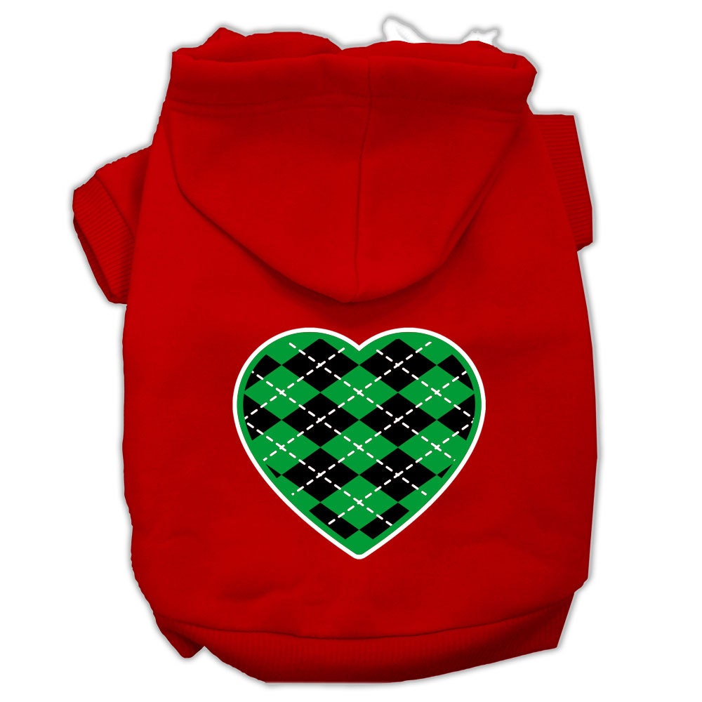 A cozy pet hoodie featuring a green argyle heart pattern, designed for dogs and cats, showcasing its soft fabric and durable stitching.