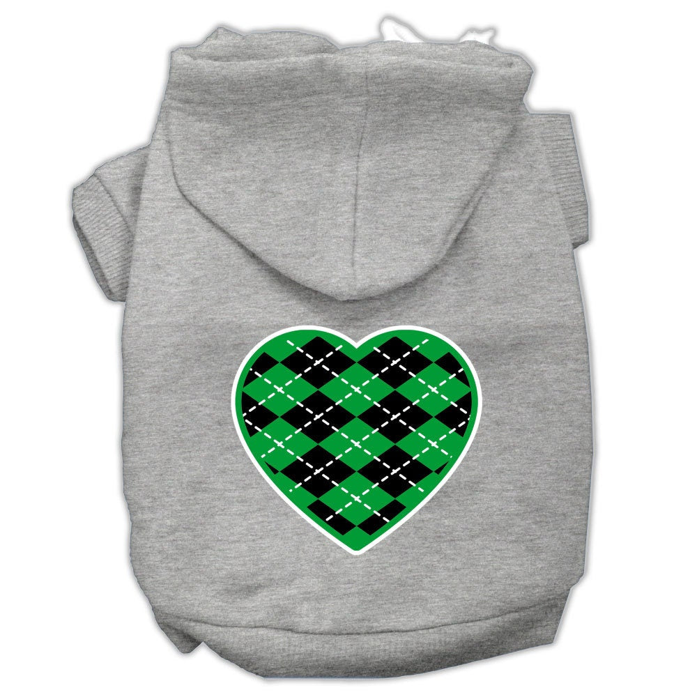 A cozy pet hoodie featuring a green argyle heart pattern, designed for dogs and cats, showcasing its soft fabric and durable stitching.