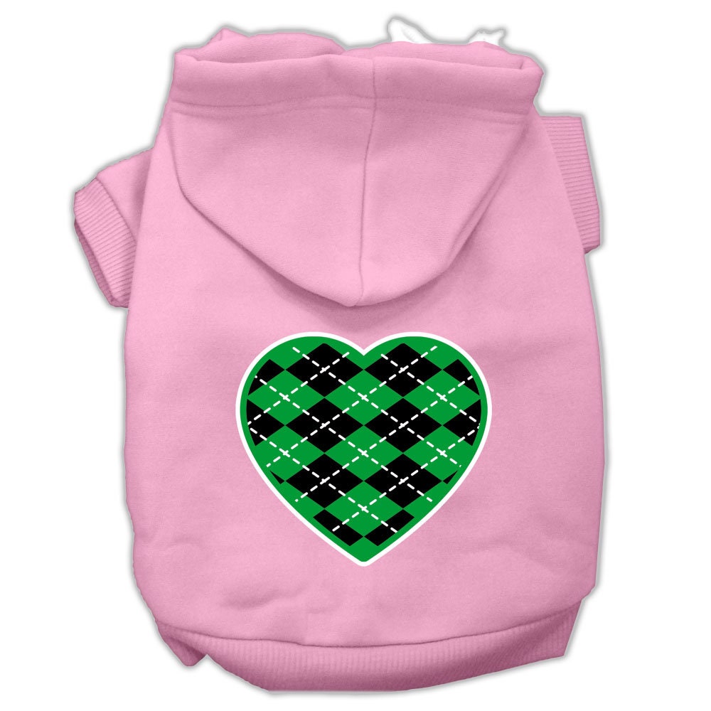 A cozy pet hoodie featuring a green argyle heart pattern, designed for dogs and cats, showcasing its soft fabric and durable stitching.