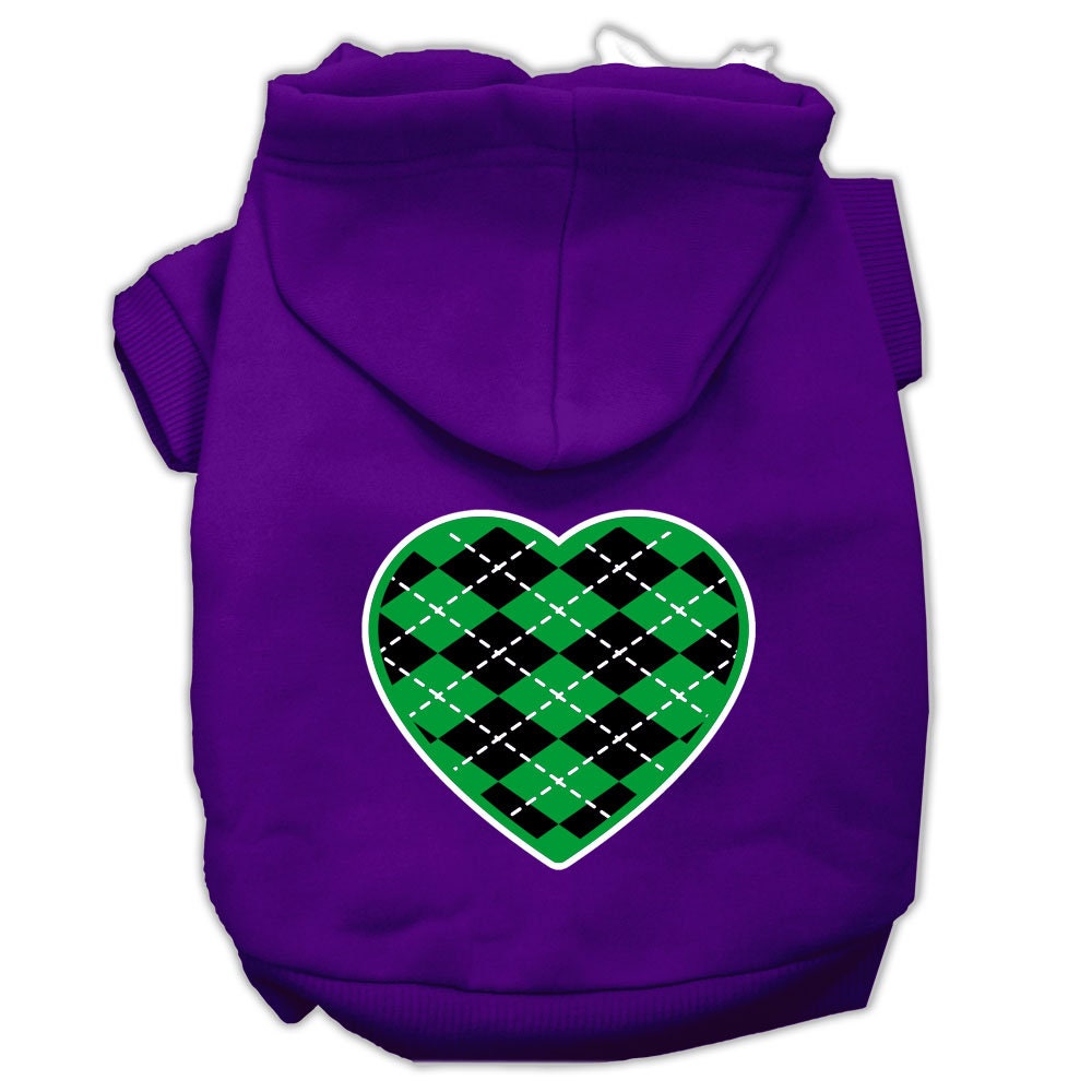 A cozy pet hoodie featuring a green argyle heart pattern, designed for dogs and cats, showcasing its soft fabric and durable stitching.