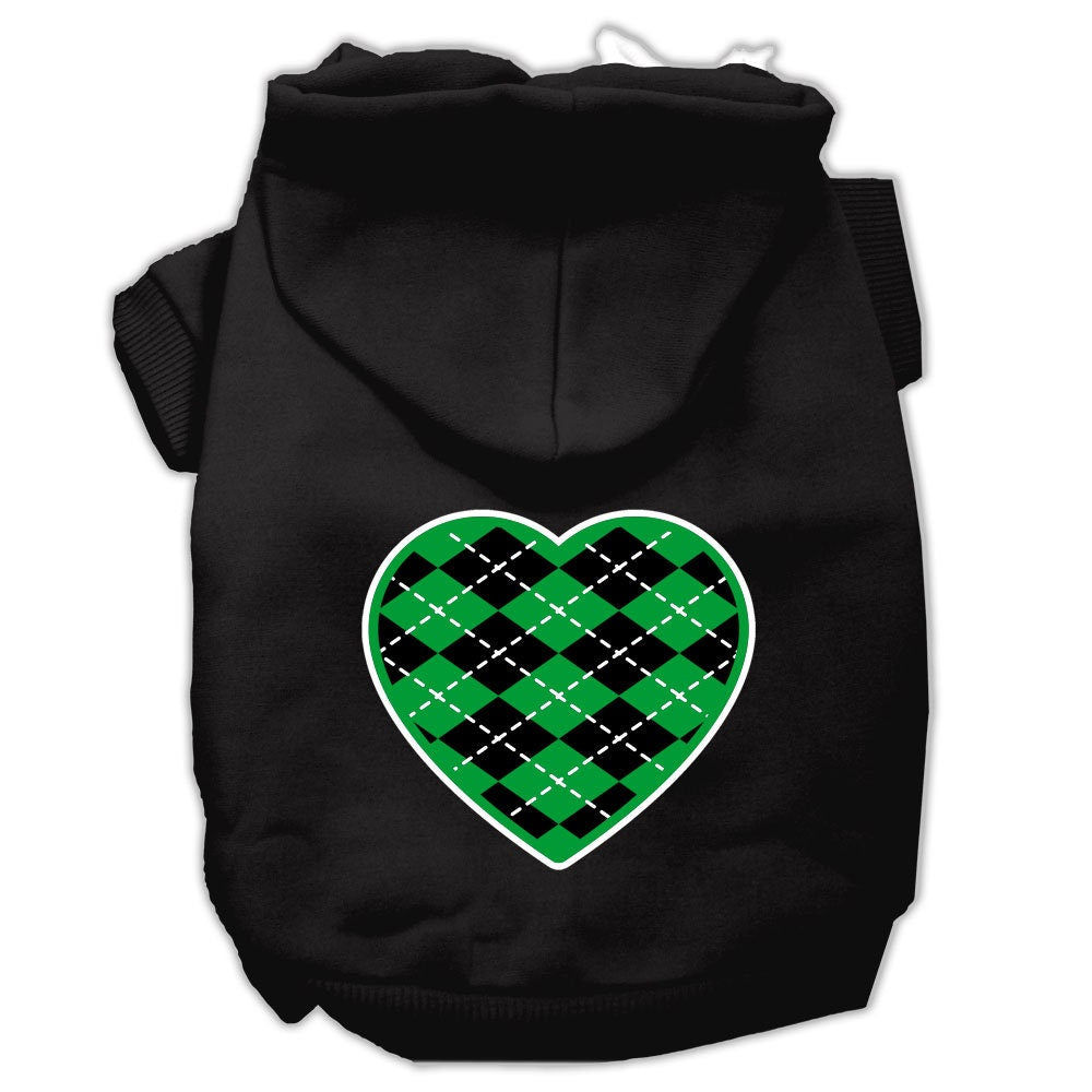 A cozy pet hoodie featuring a green argyle heart pattern, designed for dogs and cats, showcasing its soft fabric and durable stitching.