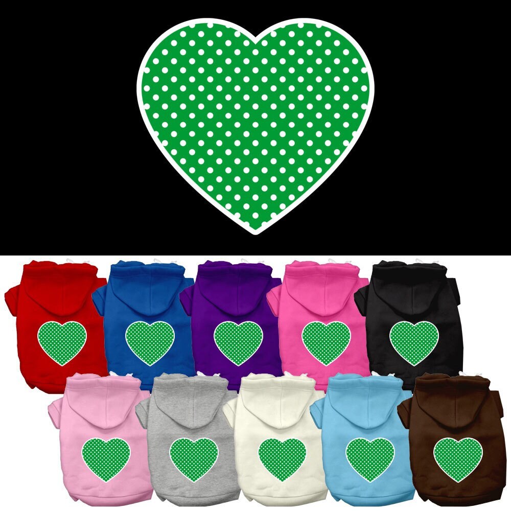 A cozy pet hoodie featuring a green Swiss dots heart pattern, designed for dogs and cats, showcasing its soft fabric and durable stitching.