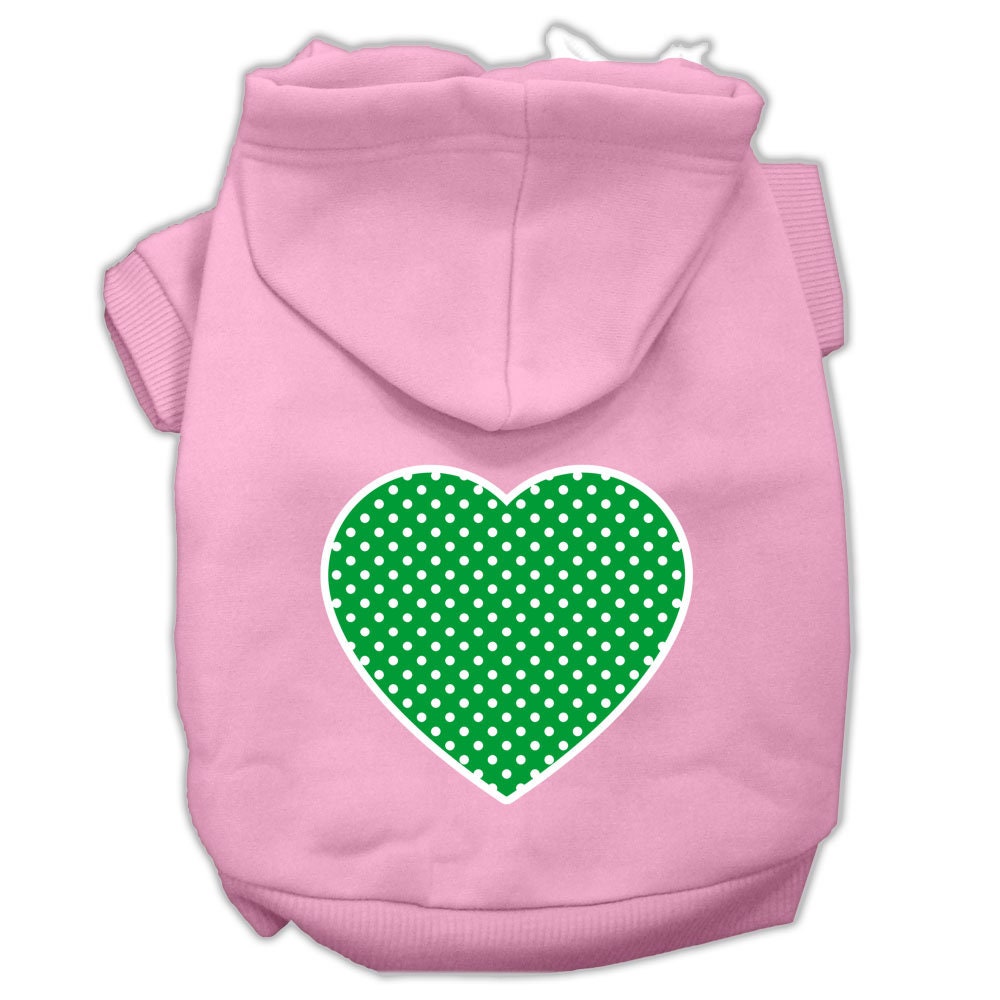 A cozy pet hoodie featuring a green Swiss dots heart pattern, designed for dogs and cats, showcasing its soft fabric and durable stitching.